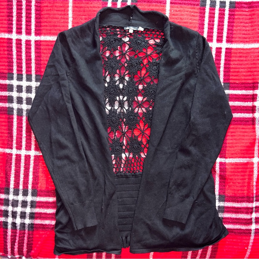 Womens black cardigan with open floral back!